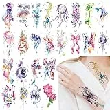 Qpout 24 Blatt Aquarell temporäre Tattoos, 3D ästhetische halbe Arm Tattoo Aufkleber, schöne realistische große bunte florale Tier Temp Tattoos für Frauen Mädchen Erwachsene