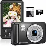 4K Digitalkamera mit 32 GB TF-Karte 64 MP Autofokus Fotoapparat mit 16X Digitalzoom Tragbar Kompaktkamera mit wiederaufladbare1200mAh Batterie, USB-Kabel, für Teenager Erwachsene Anfänger