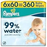 Pampers 99% Water Baby-Feuchttücher, 6 Packungen mit 60 Feuchttüchern = 360 Baby-Feuchttücher, leichte Lotion mit 99% Wasser