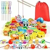Jojoin 2 in 1 Fädelspiel Montessori Spielzeug - 46 Psc Magnetisches Angelspiel Spiele ab 2 3 Jahre - Obst GemüSe Tiere Holzspielzeug - Lernspiele Motorikspielzeug Ostern Geschenk für Kinder
