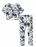 PATPAT Mädchen Bekleidungssets Batik Sommer, Geschenk Einschulung Schulanfang, Kurzarm T-Shirt und Lange Hosen Mädchen Kinder Kleidung, Sport Freizeit Komfort Kinderkleider 7-8 JahreSchwarz