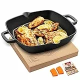 OVERMONT Grillpfanne Gusseisen mit Griff - Gusseisenpfanne quadratisch 26CM - Voreingebrannte Steakpfannen Bratpfanne - Cast Iron Pan für Gasgrill Backofen Kohlegrill