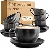 Cosumy Cappuccinotassen Schwarz mit Untertassen - 6er Set - 200ml - Streifenmuster Keramik - Spülmaschinenfest - Cappuccino Tassen mit Henkel - Matt