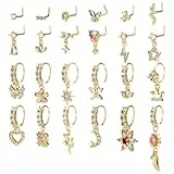 Yolev 24 Stück Nasenpiercing Gold Nasenring Ring Septum Piercing 20G L-Förmig Nasenring Nase Baumelnder Nasenstecker mit Zirkonia Herz Star Blume Schmuck für Frauen und Männer
