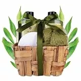 Accentra - Badeset Geschenkset für Frauen OLIVE in Körbchen aus Seegras, Duschset Geschenk mit Duschgel, Schaumbad, Badebombe und Netzschwamm, 4-Teiliges Wellness Set für Damen & Mädchen
