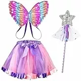 AUYAO Feenflügel Kostüm Kinder 3Pcs Schmetterlings Flügel Mädchen Prinzessinnenflügel Elfen Fee Anzieh Sets mit Tutu Haarband Zepter für Halloween Karneval Geburtstag Fasching Kostüm Requisiten Lila
