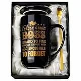 Doublewhale Boss Gifts, Best Boss Tasse, Geschenke für Männer zum Geburtstag, Abschied, Ausgehen, Ruhestand, Boss Day, Weihnachten, 530 ml, schwarze Keramik-Kaffeetasse mit Löffeldeckel-Karte, schöne
