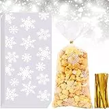 BELSVOR 100 Stück Plätzchentüten Weihnachten, 100PCS Cellophantüten Weihnachten und 200 Stück Goldband, Kekstüten Weihnachten zur Aufbewahrung von Süßigkeiten/Keksen/Schokolade/Keksen/Nuss