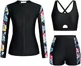 Kate Kasin Damen Surfing Badeanzug Set Langärmelige Zip Up Jacke Gepolstertes Crop Top High Waist Boyshorts Schwarz-Rot Blau Floral XL