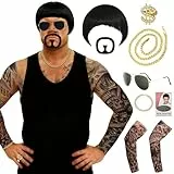 BITOYO Ibiza Final Boss Kostüm, Rave Zubehör Set mit Schwarze Schalenschnitt Perücke, Haarnetz, Spitzbart, Schnurrbart, Sonnenbrille, Goldkette, Ring und Tattoo Ärmeln für Carnival Parties Halloween