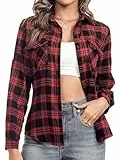 Aottori Damen Baumwolle Hemd Kariertes Karo-Hemd Langarm Button-down V-Ausschnitt Karohemd Bluse Tunika Tops Hemd T-Shirt Casual Freizeit Sommer Blusenshirt Schwarz-Rot L