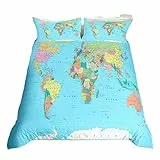 Homewish Bettwäsche-Set mit Weltkarte, für Einzelbett, mehrfarbig, 3D-Geographie, blauer Ozean, Schlafzimmer-Dekor, Bettdeckenbezug, Amerika, Europa, Asien, Afrika, Bettbezug