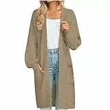 EMATOP Damen Warm Strickjacke Lang Einfarbig Strickmantel Langarm Vorne Offen Cardigan Elegant Baumwolle Übergangsjacke mit Taschen Herbstjacke Mode Gestrickt Mantel Herbst Winter Pullover