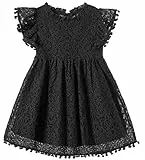 Beganly Mädchen Elegante Prinzessin Spitzenkleid Kleinkind Vintage Pom Pom Flatterärmel Party Kleider Schwarz 110 (Black)