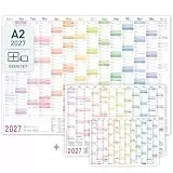 Häfft® Wandkalender 2027 A2 quer (59,4 x 42 cm) Wandplaner mit Ferien & Feiertagen für DE, Jahresplaner gefalzt für 14 Monate - inkl. gratis A3 + A4 Kalender 'Rainbow'
