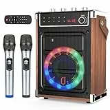JYX Karaoke Maschine mit 2 UHF-Funkmikrofonen, Bluetooth-Lautsprecher mit Bass-/Höhen-Einstellung und LED-Licht, PA-Systemunterstützung TWS, AUX in, FM, Rec, Versorgung für Party/Erwachsene/Kinder