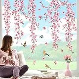 decalmile Fensterbilder Frühling Kirschblüte Fensteraufkleber Hängende Blumen Rosa Rebe Anti-Kollision Fenster Abziehbilder Fensterfolie Vögel Fenstersticker Glas Fensterdeko Aufkleber