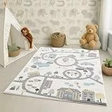 carpet city Teppich Kinderzimmer 80x150 cm - Kinderteppich Creme, Blau - Auto, Straßen - Spielteppich Kinder - Babyzimmer Deko