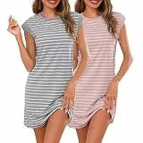 Uniexcosm 2er Nachthemd Damen Kurz Baumwolle Kurzarm Schlafkleid mit Streifen Bequemes Nachtkleid mit Rundhals Sleepshirt für Frauen Hellgrau+Rosa L
