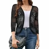 ZLIGXEA Strickjacke Damen 3/4 Ärmel Ajourmuster Dünne Bolero Schwarz S