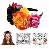 FRCOLOR Tag der Toten Haarreif, 2 Stück Blumen Rosen Kronen Mit Halloween Temporäre Gesicht Tattoos Und Zucker Schädel Tattoos (Colorful)