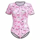 IBAKOM Damen Niedlicher Druck Pyjama Body Kurzarm Strampler Einteiler Nachtwäsche Trikot Nachtwäsche Unterkleidung Schlafanzug Lounge-Wäsche Rosa -blumig XL