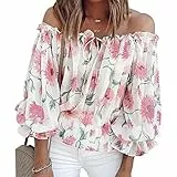 GOTOTOP Damen Schulterfrei Blumenmuster Oberteil Glockenärmel Top Sexy Trägerlos Sommer Elegant Rüschen Carmenbluse mit Spitze(XXL-Weiß)