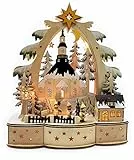 Wichtelstube-Kollektion Schwibbogen, handbemalt und detailreich, Hochwertiges Echtholz, Innenbeleuchtet mit Timer Funktion, Schwippbogen Weihnachten, Sparsam im Batteriebetrieb