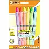 BIC Highlighter Grip Textmarker mit abgeschrägter Spitze, verstellbar, Farben in intensiven und Pastelltönen, sortiert, 12 Stück