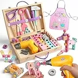 Montessori Spielzeug ab 3 Jahre, Werkzeugkoffer Kinder Spielzeug ab 3 4 Jahre Mädchen Junge Holzspielzeug Werkzeug Kinder 44 STK mit Akkuschrauber&Schürze Role Play Geschenk Mädchen 3 4 Jahre Ostern