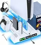 PS5/PS5 Slim/PS5 Pro Ständer mit 3 stufig Lüfter und Licht, PS5 Standfuß mit 4 USB Ports/Controller Ladestation/Headset Halter/Remote Steckplatz/14 Spiele Aufbewahrung für PS5 Zubehör