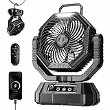 AJVV Camping Ventilator mit akku 20000mAh, Akku Ventilator mit Fernbedienung/LED Licht/270° Drehung, Tischventilator mit Haken/Powerbank/Stufenlose Geschwindigkeit, für Outdoor Reisen Angeln-Schwarz