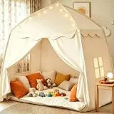 Kinderzelt Indoor Spielhaus Kinder Tipi Zelt Für Kinder - Großes Spielzelt Kinder Indoor 150x100x150 cm Mit Matte, Lichterkette Und Fenster, Faltbar Kinderzelt Für Kinderzimmer Oder Garten (Beige)