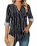 Amrto Damen Bluse V-Ausschnitt Casual Elegant Gestreift Blusenshirt 3/4 Ärmel Longshirt Longbluse Tunika Lässig Lange Shirt Oberteil für Alltag, Schwarz mit Streifen XL