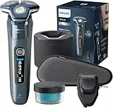 PHILIPS Shaver S7000 – Elektrischer Nass-& Trockenrasierer in Eisblau mit 1 x integrierten ausklappbaren Trimmer, Barttrimmer-Aufsatz, Reinigungsstation, Reiseetui & Ladestation (Modell S7882/54)