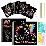 Vicloon Kratzbilder Kinder, 50 Blätter Regenbogen Kratzpapier,5 Holzstifte,4 Malschablonen, Magic Scratch Book, Kratzpapier Set zum Zeichnen und Basteln, 8.5 * 8.5cm…