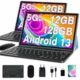 GOODTEL Neueste Tablet 10.1 Zoll Android mit 12GB RAM+128GB ROM 1TB TF, 5G+2.4G WiFi, GPS, Bluetooth 5.0, 6000mAh, Dual Camera 8+5MP, Cast, OTG, Type C, mit Hülle, Tastatur & Maus-Blau