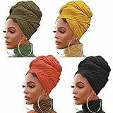 XTREND 4 Pieces Stretch Head Wrap Hair Scarf Headband Jersey Turban Knit Headwraps Urban Hair Wrap Solid Color Ultra Soft Extra Long Breathable Tie for Women(Black, Army Green, Turmeric, Orange)