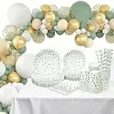 Partygeschirr Set Grün, 160 Stück Pappteller Set & Becher für Kindergeburtstag Deko, Geburtstagsdeko mit Pappteller Luftballons & Strohhalme für Hochzeit Babyshower für 24 Gäste (ohne Tischdecke)