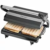 Bestron elektrischer Kontaktgrill mit Auffangschale, Sandwichmaker mit Cool-Touch-Handgriff, Paninimaker mit Antihaftbeschichtung, 700 Watt, APM123Z, Farbe: Schwarz, 22,5 x 14 cm