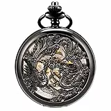 ManChDa Antike mechanische Taschenuhren für Herren Lucky Dragon Phoenix Taschenuhr mit Kette Schwarzes Skelett Zifferblatt römische Zahlen Geschenke zum Vatertag, 5. Schwarz, Blau, S, Mechanisch