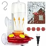 DOUBFIVSY Beheizter Kolibri-Futterspender mit konstanter Temperatur, 19 °C, Kolibri-Futterspender mit 4 Futteröffnungen, Haken und 3 Saugnäpfen für den Winter, Outdoor, Garten, 480 ml, Rot