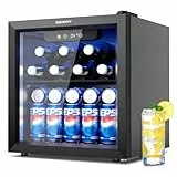 EUHOMY Getränkekühlschrank, Mini Kühlschrank mit Glastür, Bierkühler, Tisch-Getränkekühlschrank für 55 Dosen, Schwarz Freistehender Kühlschrank mit LED, 43dB, für Büro, Zimmer, Bar, 37L, Geräuscharm