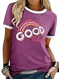 WIEIYM T Shirt Damen Good Vibes T-Shirt Kurzarm Rundhals Sommer Baumwollmischung Tshirt Tops(Lila,L)