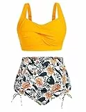 Hanna Nikole Bikini Sets Damen übergröße High Waist Elastisch Bikini für Mollige Frauen Gelbe Blüten & Grüne Blätter 44