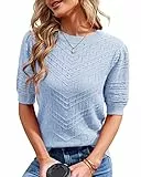 Runcati Damen Kurzarm Strickpullover Casual Rundhals Puffärmel Elegante Einfarbige Sweateshirt Pullover,Blau,XL