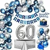 60. Geburtstag Deko, Deko 60.Geburtstag Männer mit Luftballons 60.Geburtstag Blau Silber, 60. Happy Birthday Banner, Folienballon 60.Konfetti Ballon für Männer Frauen Geburtstagsdeko 60 Jahre Mehrweg