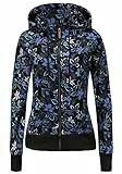 TrendiMax Damen Sweatjacke Kapuzenpullover Zip Hoodie Jacke mit Kapuze Winter Sweatshirt Kapuzenjacke, Schwarz Blumen, M
