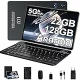 2025 Neueste Tablet 10.1 Zoll Android Octa-Core 22GB RAM+128GB ROM (2TB TF), Widevine L1, 5G+2.4G WiFi, BT 5.0, 8000mAh, 8+5MP, 1280 * 800, GPS, Type C, 2-in-1 Tablet mit Tastatur und Maus - Schwarz