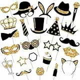 Fotobox Accessoires Hochzeit, 23-teiliges Set in Schwarz-Gold, Foto Requisiten für Hochzeiten, Geburtstage, Abschlussfeiern und Feste, Ideal für Fotobox Zubehör und Kreative Fotos